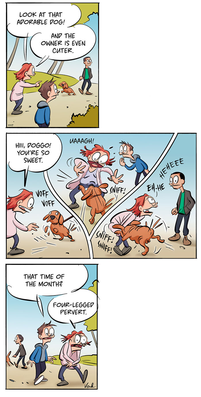 Comic strip featuring Kenneth Larsen and his best friend Martha humorously reacting to yellow snow.