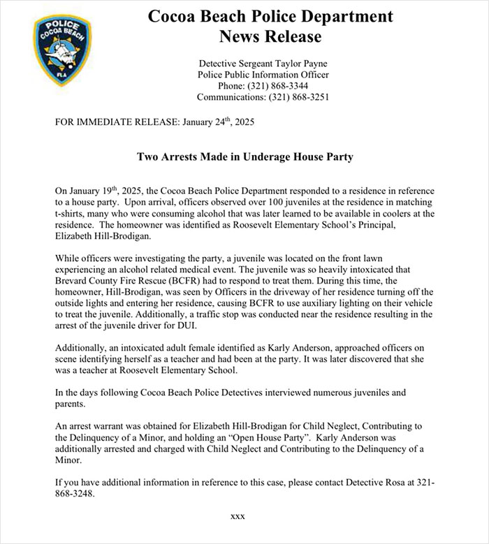 News release about a principal arrested after over 100 kids found drinking at her home during a house party. News release about a principal arrested after over 100 kids found drinking at her home during a house party.