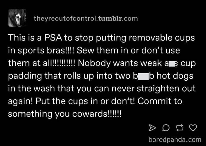 Humorous post about sports bras from a moms and wives account, addressing removable cups in sports bras.