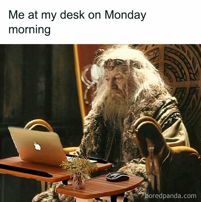 Elderly wizard at a desk with a laptop, humorously depicting office work on a Monday morning.