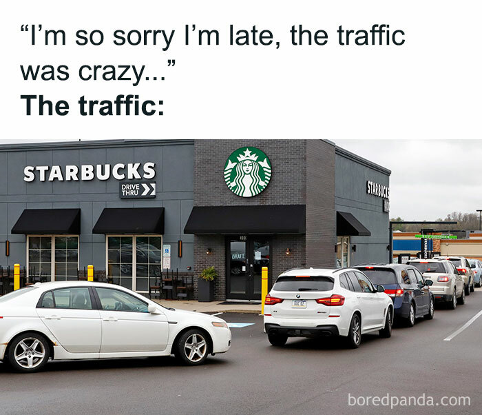 Cars lined up at a Starbucks drive-thru, humorously depicting the reality of office work traffic delays.