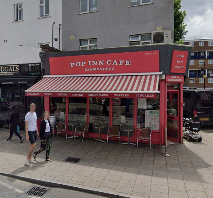 Pop Inn Cafe in Bermondsey, offering milkshakes, with people walking by.