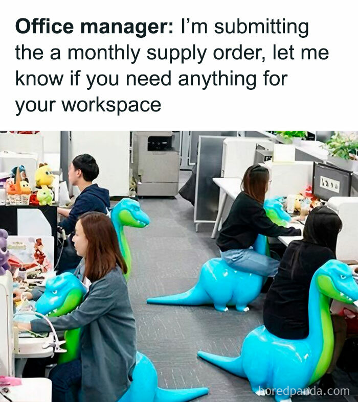 Office workers on dinosaur chairs at desks, representing funny office work dynamics and supply humor.