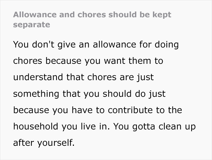 Text image explaining why parents shouldn't pay children for chores, emphasizing contribution to the household. Text image explaining why parents shouldn't pay children for chores, emphasizing contribution to the household.