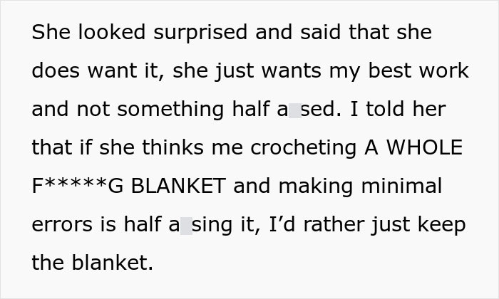 Text conversation about handmade gift demands and perfection. Text conversation about handmade gift demands and perfection.