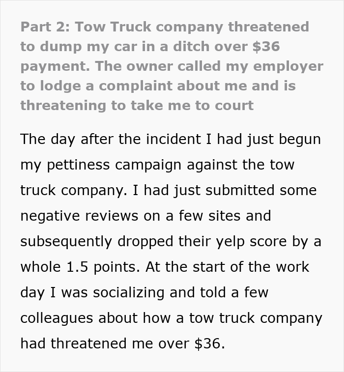 Text about a tow truck company threatening to dump a car over a $36 payment dispute. Text about a tow truck company threatening to dump a car over a $36 payment dispute.