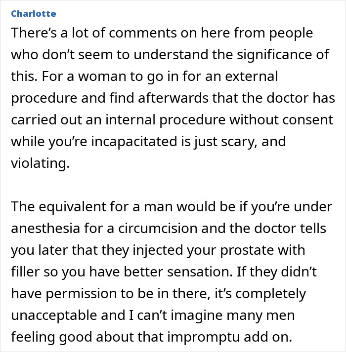 Comments regarding unauthorized medical procedures and their ethical implications.