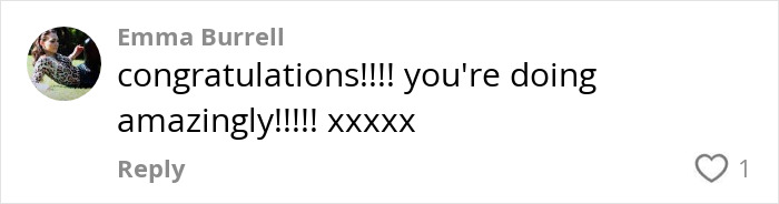 Comment by Emma Burrell praising a mom's 107lb weight loss transformation and effort. Comment by Emma Burrell praising a mom's 107lb weight loss transformation and effort.