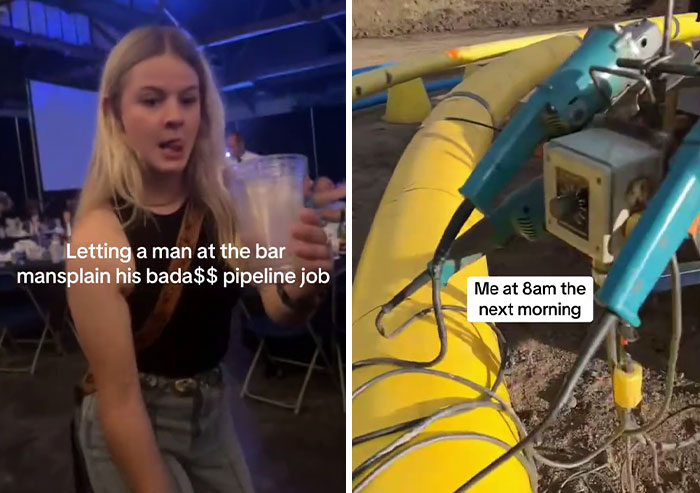 Woman at bar listening to mansplaining about a pipeline job, with equipment shown the next morning.