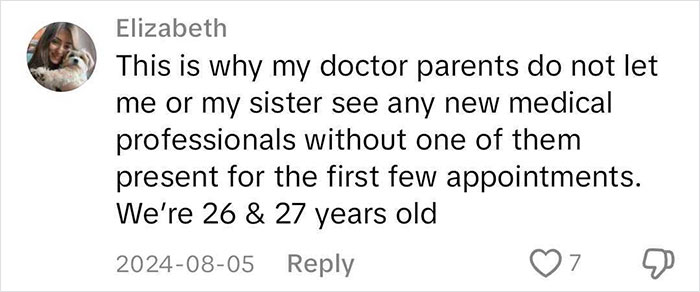 Comment discussing experiences with medical professionals, highlighting a parent's involvement for their adult children. Comment discussing experiences with medical professionals, highlighting a parent's involvement for their adult children.