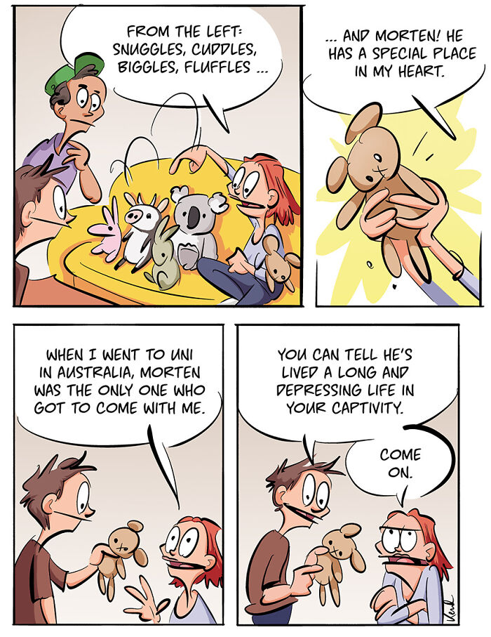 Comic illustration with Kenneth Larsen critiquing a cover illustration, showing comical chaos with his friend.