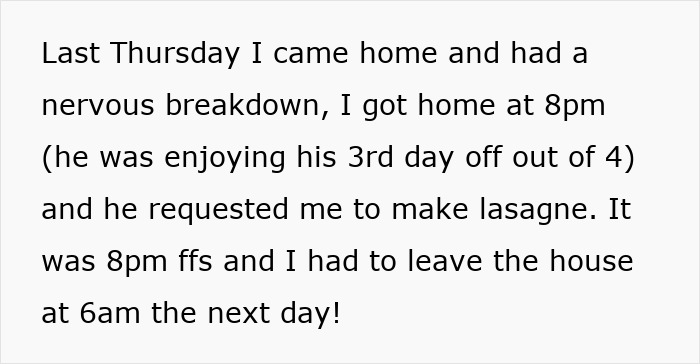 Text about relationship issues when a boyfriend refuses to help, leaving woman overwhelmed.