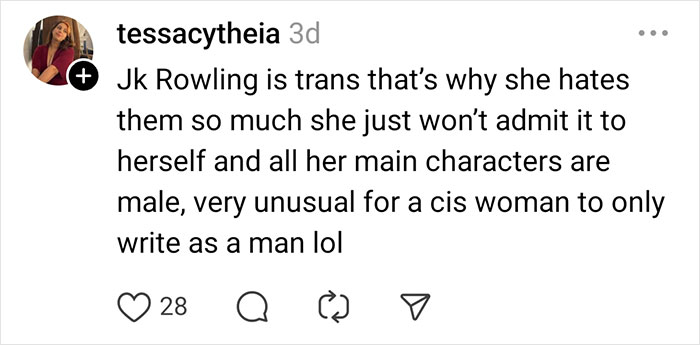 Text screenshot discussing a celebrity rumor about J.K. Rowling relating to character gender choices.