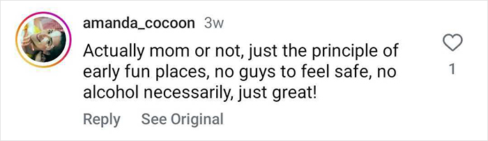 Comment by amanda_cocoon appreciating mom-friendly nightclubs for safe, fun atmosphere without alcohol.