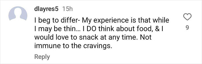 Comment discussing cravings and food thoughts despite being thin, related to Oprah's insights on Ozempic. Comment discussing cravings and food thoughts despite being thin, related to Oprah's insights on Ozempic.