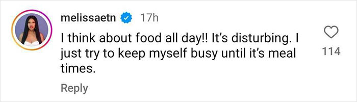 Instagram comment about food obsession related to thin people and Ozempic discussion. Instagram comment about food obsession related to thin people and Ozempic discussion.