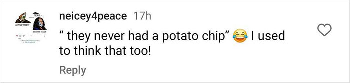 Instagram comment humorously discussing thin people and potato chips. Instagram comment humorously discussing thin people and potato chips.
