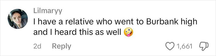 Comment about Burbank High and Blake Lively, with an emoji, from user Lilmaryy.