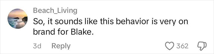 Comment on Blake Lively's brand, discussing relatable behavior, with 362 likes and heart icon.