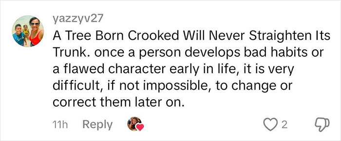 Comment by yazzyv27 discussing character development and difficulty of change, includes small profile picture and engagement icons.