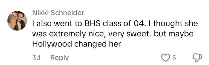 Comment about Blake Lively in high school, reflecting on her personality and change over time.