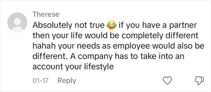 Comment discussing relationship questions in job interviews with laughter emoji.