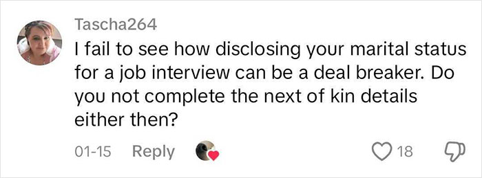 Comment about relationship questions in job interviews, questioning the relevance of marital status disclosure.