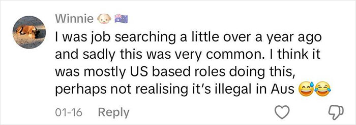 Comment discussing relationship questions in US job interviews, illegal in Australia, with emojis.