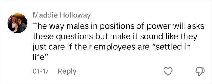 Comment on males in power asking personal questions during job interviews.