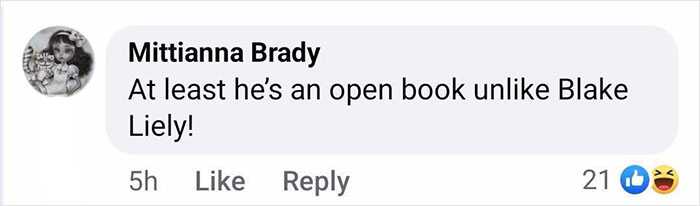 Facebook comment discussing Justin Baldoni and Blake Lively, mentioning openness.