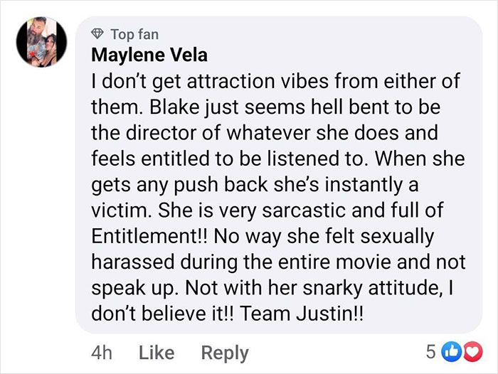 Facebook comment criticizing Blake Lively's attitude and supporting Justin Baldoni.
