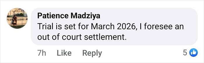 Comment predicting a court trial for March 2026, hinting at an out-of-court settlement.