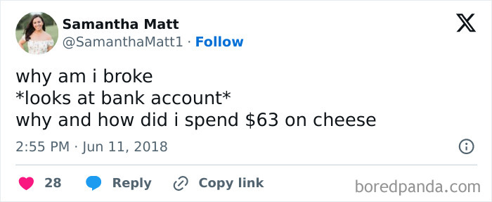 A funny post about millennials overspending on cheese, questioning financial choices.