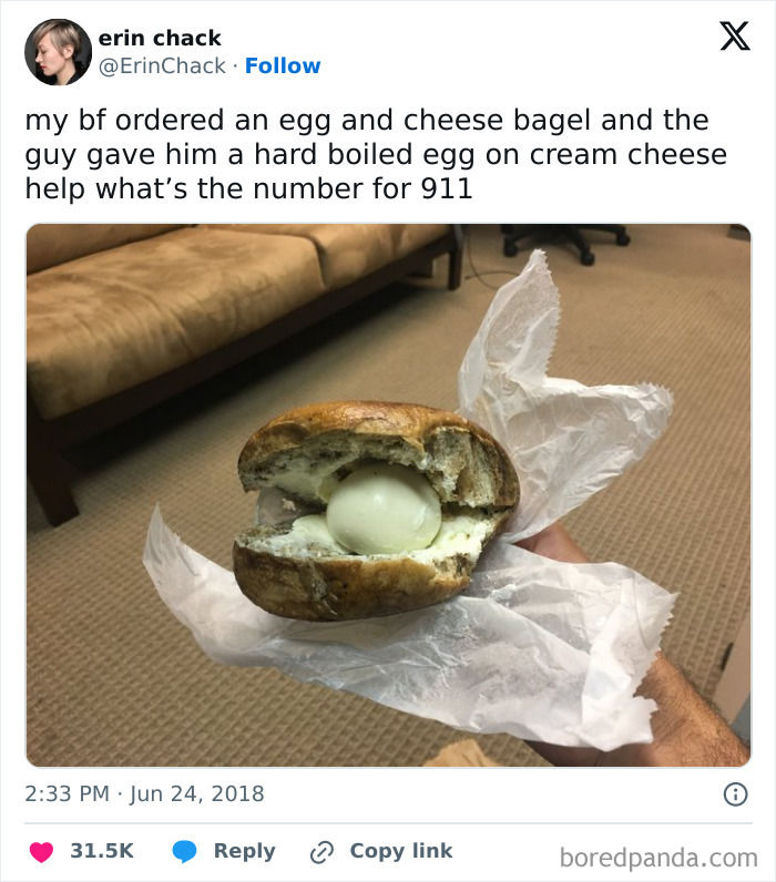 Hard-boiled egg inside a bagel with cream cheese captures hilarious misunderstandings of a breakfast order.
