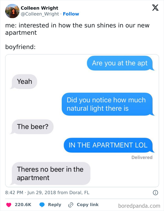 Text exchange showing a funny misunderstanding about light and beer in the apartment.
