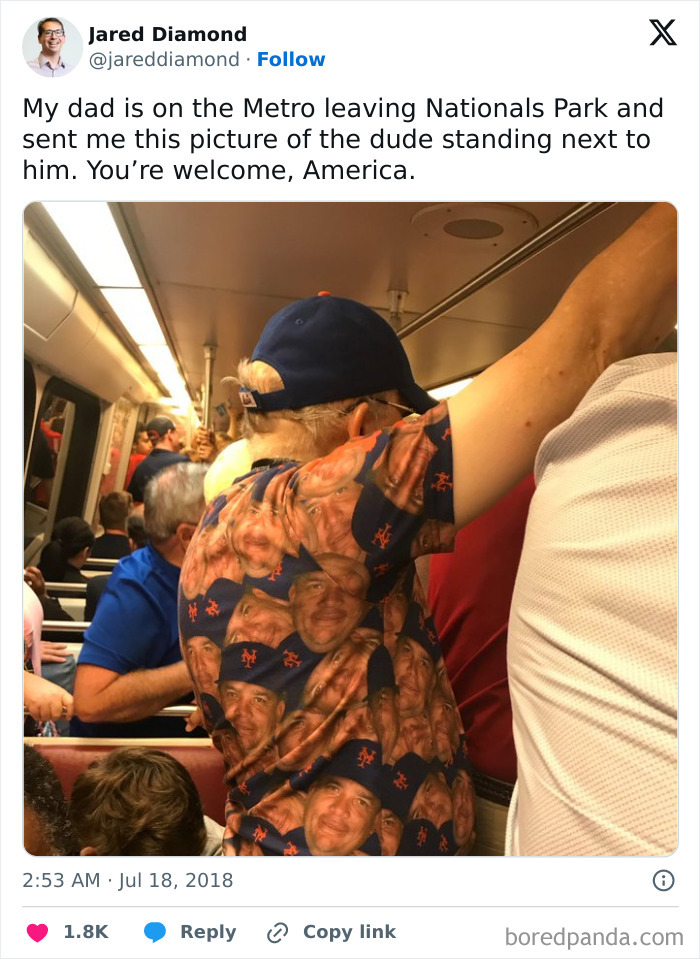 Passenger on subway wearing a shirt covered in a humorous print of a man's face, creating a funny train scene.