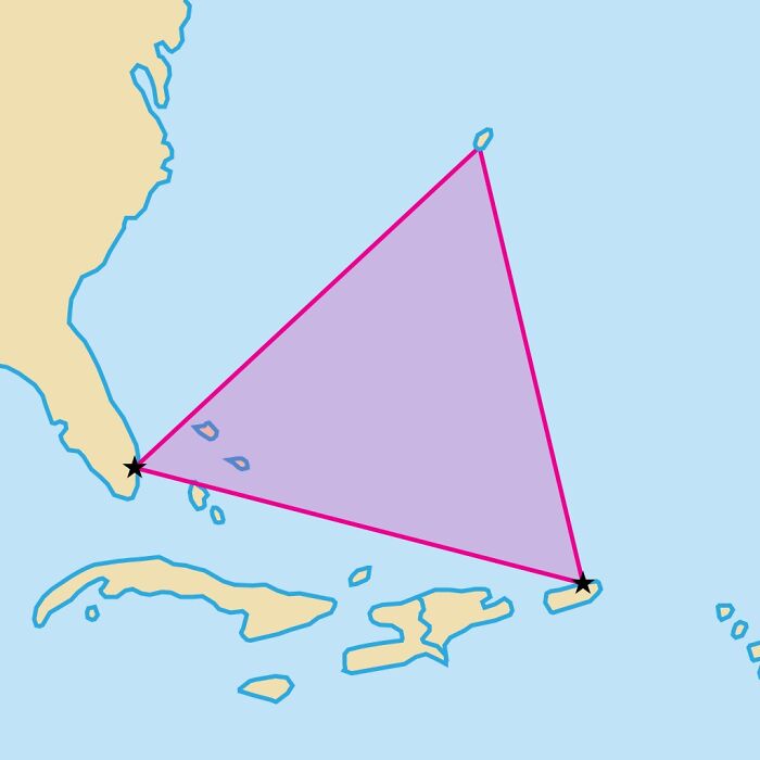 "Map illustrating the Bermuda Triangle, a well-known weird unsolved mystery area in the Atlantic Ocean."