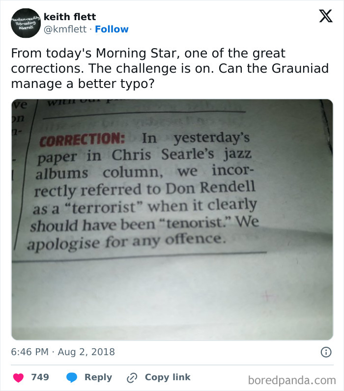 Correction note in newspaper about a funny typo, highlighting hilarious misunderstandings involving "terrorist" and "tenorist."