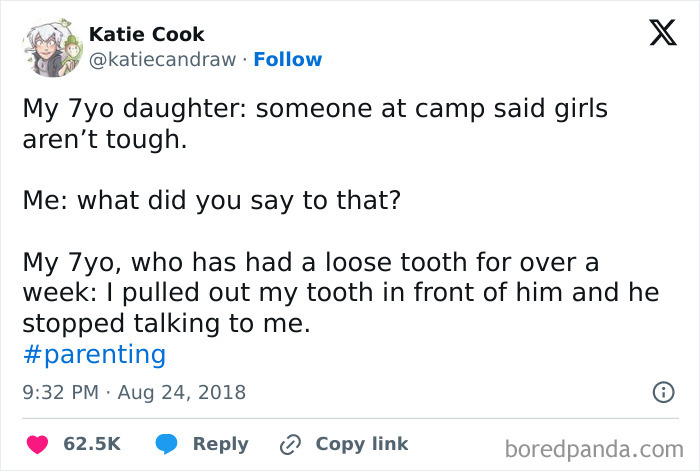 Parent-child chat on toughness, involving a loose tooth story at camp.