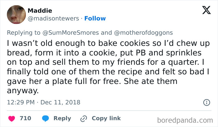 Tweet about childhood creativity in making unconventional cookies, related to dumb-clueless-kids.