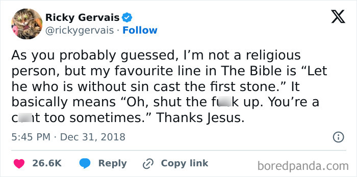 Tweet humorously discussing religion and imperfections, aligning with themes of Tinder in your 30s.