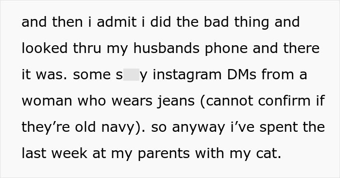 Text message describing a woman finding suspicious Instagram DMs on her husband's phone and staying with her parents.