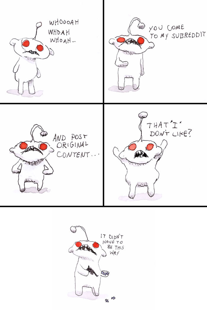 Goofy yet disturbing illustration of a character expressing dark humor with a speech about subreddit content.