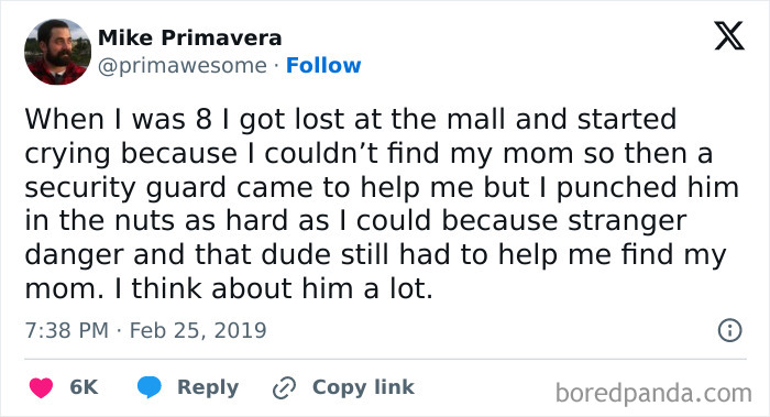 A tweet humorously describing a childhood incident reflecting on "Dumb-Clueless-Kids" behavior at the mall.