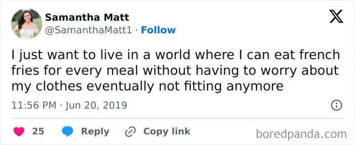 Tweet about millennials humorously wishing to eat french fries without health concerns.