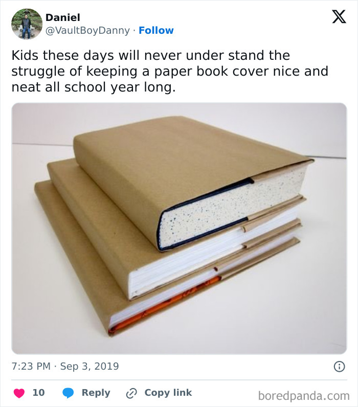 Old-school items: stack of books covered in brown paper, evoking childhood memories.