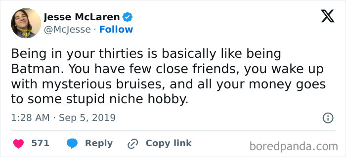Tweet meme about being in your thirties, humorously comparing it to being Batman with few friends and mysterious bruises.