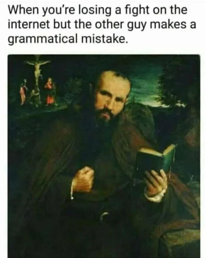 Classical art meme showing a man holding a book with a triumphant expression, used as internet humor.