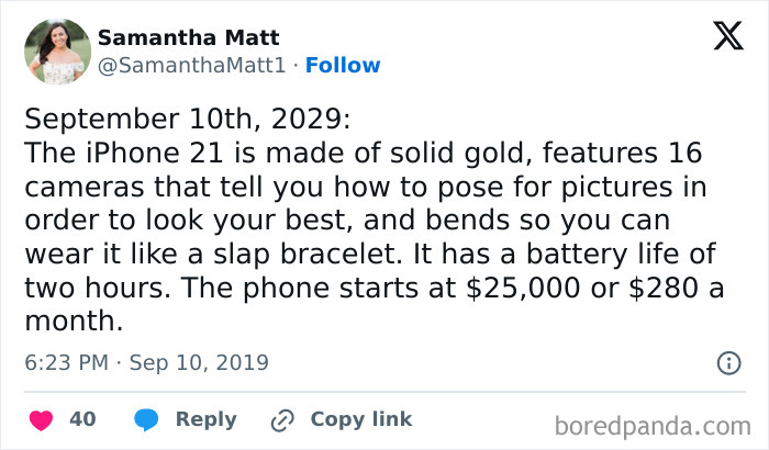 Tweet humorously predicts futuristic iPhone features, mocking millennial trends.