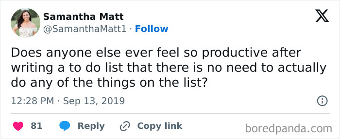 Funny millennial tweet about productivity and to-do lists with 81 likes.